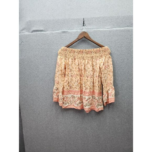 Floral Peach Off-Shoulder Smocked Top With Bell Sleeves Womens Size M 100% Rayon - Picture 3 of 5